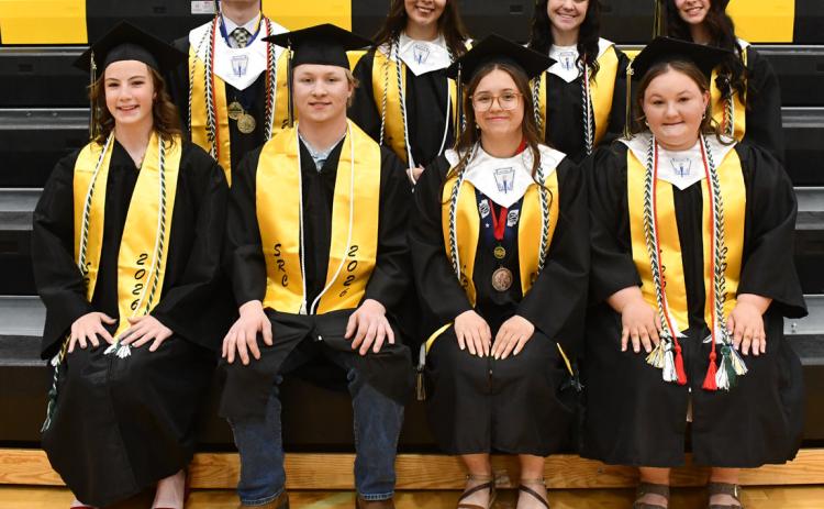 Shelby-Rising City honors students with Magna Cum Laude, Summa Cum Laude and Cum Laude status. Pictured are Danica Watts (Summa Cum Laude, highest academic honor) and (front) Arianna Schutt, Keegan Osantowski, Nevaeh Martinez, Loralie Logan, (back) Kreyten Zimmerman, Elva Velasco, Jessica Bauers and Alexis Wetjen (magna cum laude, top 5-15%). Photos provided by Emily Houdersheldt, SRC.
