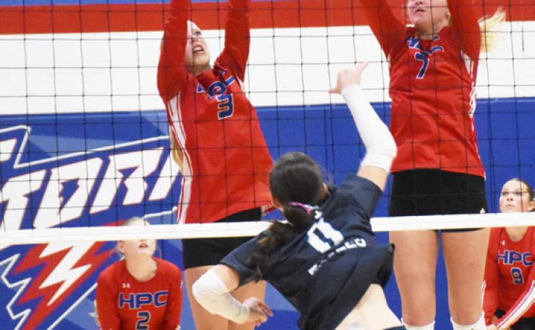 The Nebraska Christian attack is being defended by the Storm’s Josie Spurling (3) and Taya Hans (7) in Thursday’s Play for Payton game at High Plains. PCN photo by Beth Sparrow.