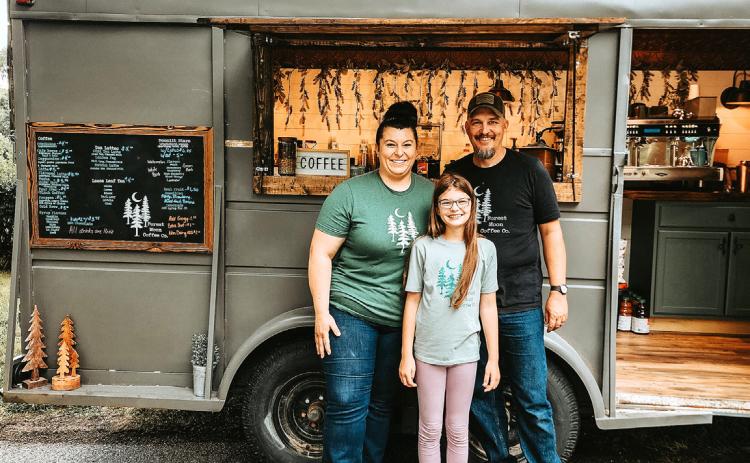 This trailer was converted to Forest Moon Coffee Company. Pictured are Jennifer Pliefke, Jesse Pliefke and daughter Emilia. Photo provided.