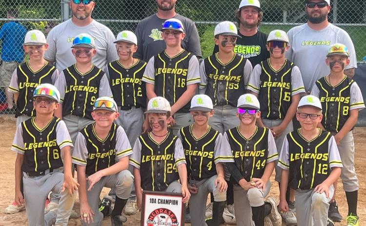 The Small Town Legends 10u baseball were USSSA state champs last weekend in Omaha. Back row left to right Coaches Heath Vrbka, Ryan Cattau, Eric Lawrence, and Lukas Borer; Middle row: Easton Cattau, Kache Jordan, Jakobe Van Driel, Beau Vrbka, Brooks Sundberg, Bentlee Lindburg, Cooper Lawrence; Front row: Liam Young, Nash Vrbka, Braxton Borer, Nixon Hinkle, Houston Hinkle, Willlaim Percival. Photo provided.