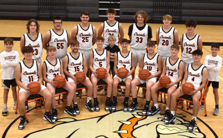 2023-24 Osceola Boys basketball team: (front left to right) Houstin Hinkle (st. mgr.), Alex Merry, Jack Wallace, Matt DeMers, Boston Hinkle, Kelby Neujahr, Hudson Prososki, Brycen Kula, Brayden Santos, Nixon Houston (st. mgr.); (back) Cash Valish, Brenden Gabel, Creighton Sterup, Kale Gustafson, Jeter Zelasney (st. mgr.), Koleton Udey, Braxton Mestl, Jackson Winslow. PCN photo by Beth Sparrow.