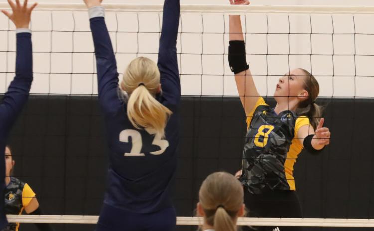 Shelby-RC freshman Hayden Hopwood (8) tries to push the trip around the Cross County block from a game earlier this season. Over the last seven games Hopwood had 44 kills and 49 digs. PCN file photo by Ken Kush.