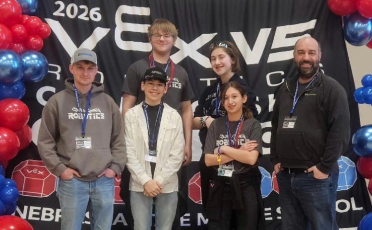 Pictured are the two middle school robotics teams who competed at state: 5155A(Keagan Johnson and Jadyn Hackett, not pictured Samuel Jameson) went 2-5-1. 5155G (Molly Tandy and Annilee Watts) went 6-2 lost in quarterfinals won the energy award. Also pictured are sponsors Marshall Johansen and Glenn Tandy. Photo provided.