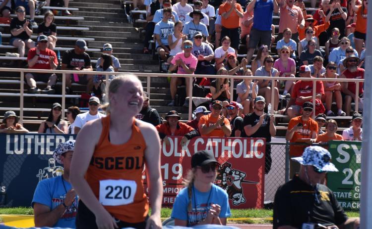 Janna Roberts shows her emotions in every event. Here she cried after winning Class D pole vault at state in 2024. PCN file photo by Beth Sparrow.