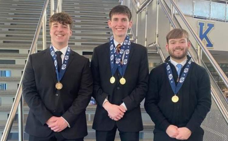 ABOVE: Osceola had two state champions in speech: Hayden Lavaley (middle) in Poetry and Oral Interpretation of Serious Prose, and Matt DeMers (right) in entertainment. Braylon Peterson (left) finished sixth in extemporaneous. BELOW: Ellasyn Pinkelman (Cross County) placed third in humorous. Photos provided.