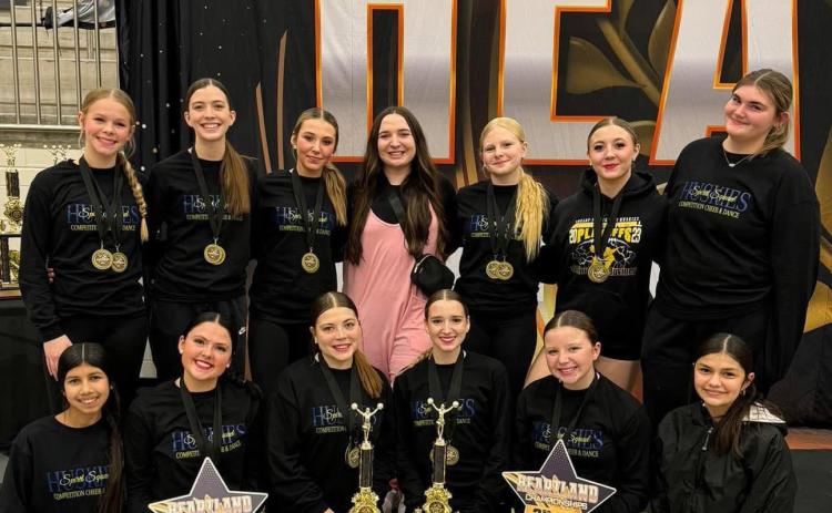 Shelby-RC cheer/dance (above) and Osceola cheer and dance team (below) competed at state competition at the Heartland Championships in Grand Island. Photos provided.