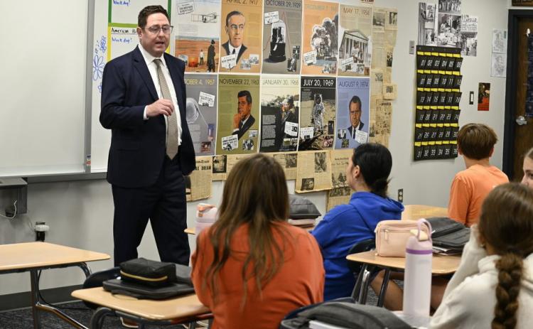 Above- Congressman Mike Flood addresses Mr. Hedkes history class at Centennial High School in Utica this past week. Photo provided.