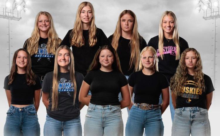 Shelby-RC girls softball players with Blue River Panthers. Front from left; Front: Reese Carter, Jayden Hayes, Ashlyn Long, Vienna Thelen, Layla Waite. Back:Student Manager Alice Griffin, Olivia Lingenfelter, Olivia Adams, Danica Watts. Photo provided by Goc’s Creative Images.