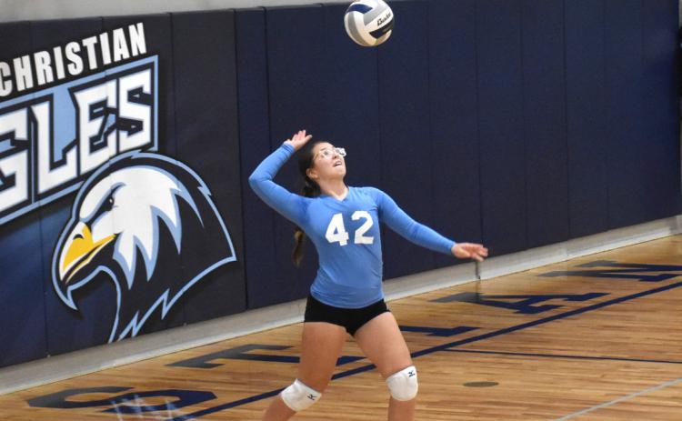 Freshman Nevaeh Martinez serves one against Nebraska Christian. She had one ace in the contest. PCN photo by Beth Sparrow.