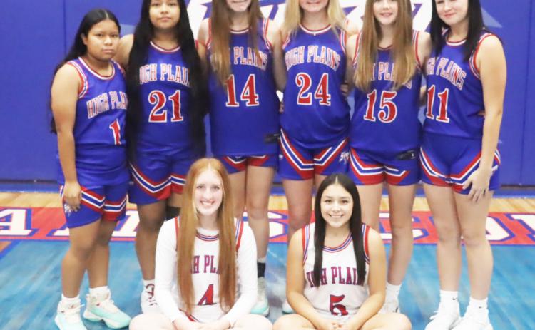 The High Plains girls basketball team members are; front (LR); Peyton Hofmann, Gahvi Lesiak. Back row-Dulce Ramirez Catalan, Jazlyn Ramirez Catalan, Brooklyn Welch, Taya Hans, Peyton Ackerson and MaCadden Turner. PCN photo by Ken Kush Not pictured: Makenna Fuhrman