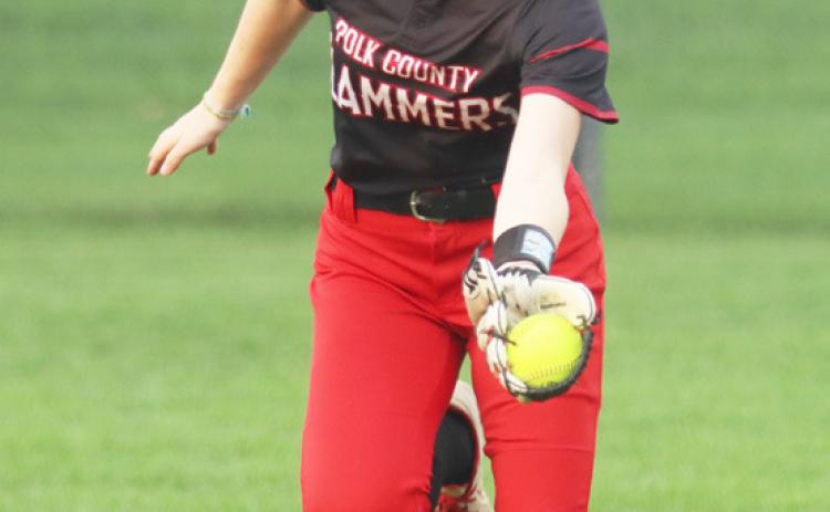 Polk County/Aquinas Slammers outfielder Jadelynn Gifford makes a running catch during the team’s Monday night game at York. PCA dropped an 8-0 final top the Dukes. Photo by Christian Horn.