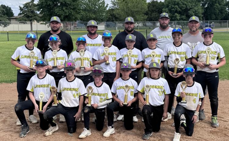 Last weekend the Small Town Legends were Columbus Outlaw Tournament Champions. From left to right back row: Coach Lawrence, Coach Borer, Coach Jordan, Coach Cattau, Coach Vrbka Middle row: Renner Jones , Easton Cattau, Kache Jordan, Bentlee Lindburg, Jakobe Van Driel, Liam Young, Brooks Sundberg, Beau Vrbka. First row: Nash Vrbka, Houston Hinkle, Braxton Borer, Cooper Lawrence, Benson Calahan, Nixon Hinkle. Photo provided.