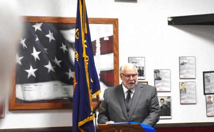 Memorial Day looked a little different this year with the blessing of rain. Many services were moved inside like Stromsburg’s which was held in the Legion Club. Veterans Service Officer Ken Toline gave the address. PCN photo by Beth Sparrow.