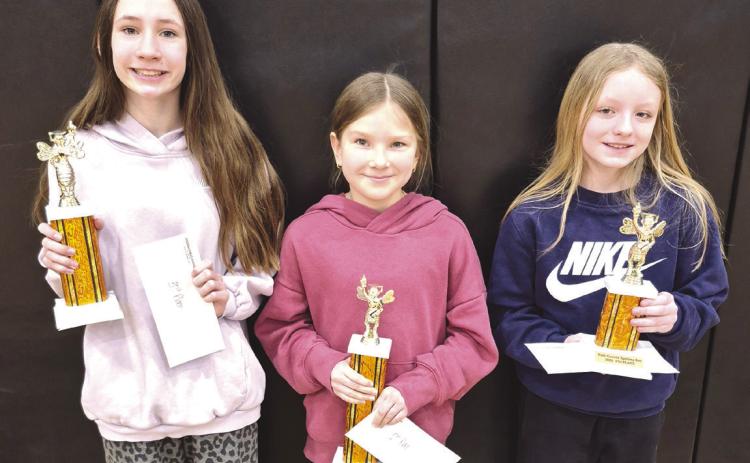 5th and 6th grade winners above, left to right: Evelyn Christy, Osceola 3rd; Ellie Dubas, HPC 1st; Ruby Sanley, SRC 4th and not pictured Brayden from CC 2nd. Picture by Ken Kush. 7th and 8th grade winners below, left to right: 1st Mason Alexander, Osc 8th; 2nd Braylon Duncan, CC 8th; 3rd Rebekah Werth, CC 8th; 4th Hadley Wiedel, CC 7th. Picture by Beth Sparrow.
