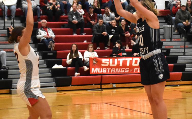 Cross County senior Lilly Peterson shoots a three-pointer against Sutton. She put in 4 of 9 treys that night. PCN photo by Beth Sparrow.