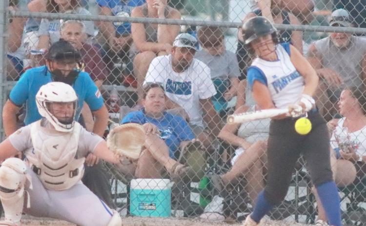 Blue River’s Jayden Hayes connects with this pitch and drives in the first run of the game in the Panthers 4-3 win over the Columbus Lakeview Vikings in David City this past Thursday. PCN photo by Ken Kush.