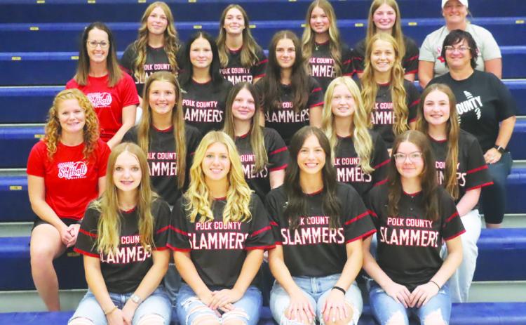 Polk County Softball 2025 front (L-R); Shyenne Krol, Mady Berggren, Adrienne Waller, Kcin Confer. Second row; HC Macy Jones, Halle Gabel, Beretta Webb, Kelsey Brehm, Brylie Naber. Third row; coach Angie Schroetlin, MaCadden Turner, Misty Noble, Olive Peterson,coach Carrie Swanson. Back row; Chloe Schott, Audrey Gardner, Sparrow Osentowski, Jadelynn Gifford, coach Mallory Zumpf. Not pictured-Makenna Fuhrman, Jazlyn Ramirez Catalan, Dulce Ramirez Catlan. PCN photo by Ken Kush.