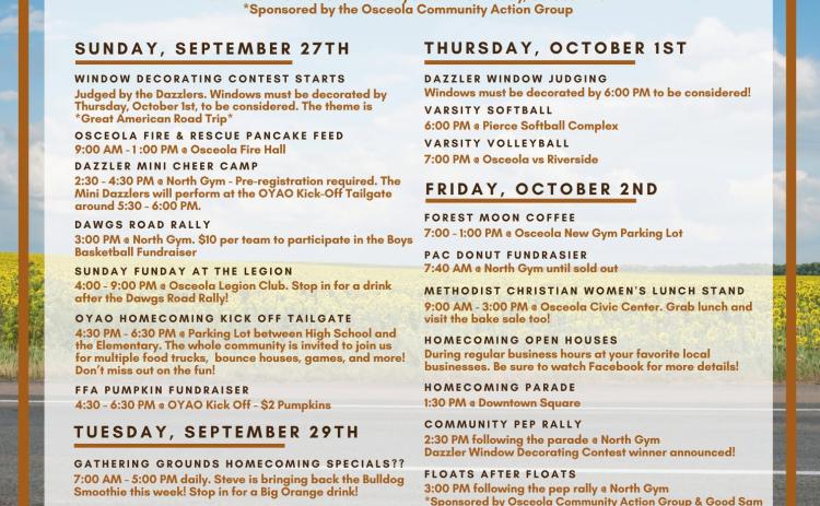 Osceola’s homecoming events start on Sunday, September 27th and go until the game, crowning and dance and Friday October 2nd. Here are the events. Graphic provided.