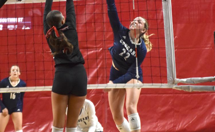 In her final volleyball game in Cross County colors, Cougars senior Sydney Hengelfelt hammered 20 kills, 20 digs and one service ace, but the Cougars came up shirt in a 3-1 loss to Amherst in the opening round of the D1 State Tournament in Lincoln. PCN photos by Beth Sparrow.