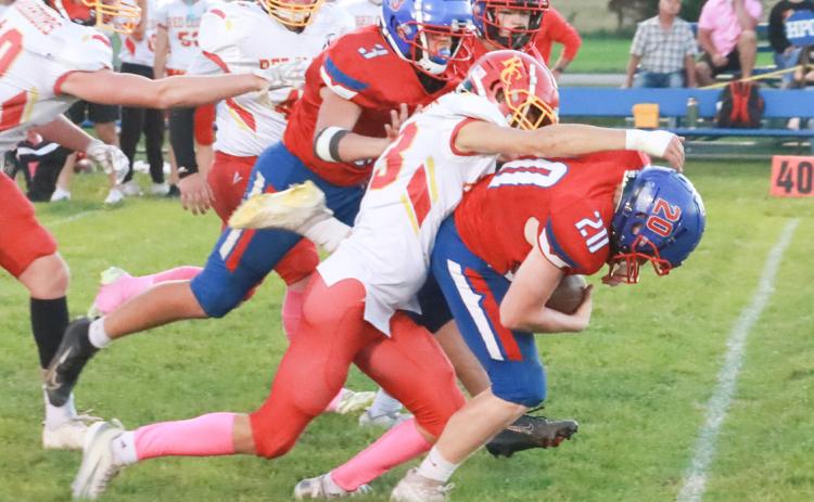 Red Clouds first drive of the night ended near midfield when sophomore Camden Mattox scooped up the Warriors fumble and returned it five yards. PCN photo by Ken Kush.