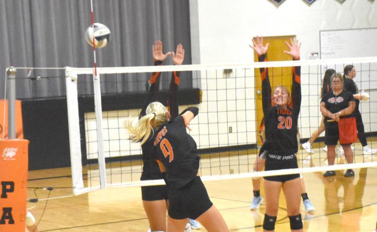 Osceola junior Kenzie Bartling is on the attack against the Palmer front line. Bartling had seven ace serves and seven kills in the Bulldogs win. PCN photo by Beth Sparrow