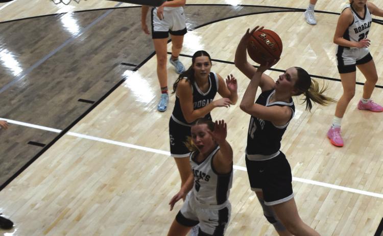 Senior Bricelynn Larson jumps up for the shot against EMF on Thursday. PCN photo by Beth Sparrow.