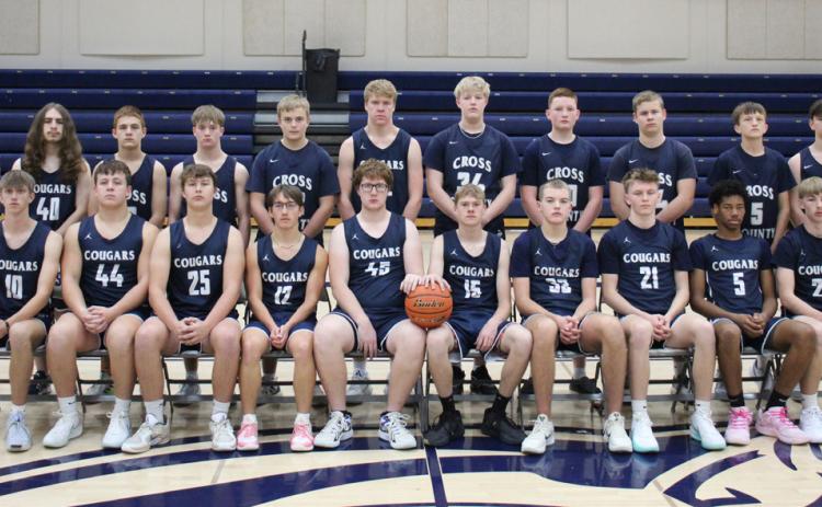 Members of the Cross County boys basketball team are; front (L-R)- Gunner David, Mason Quilhot, Gabe Nuttelman, Cole Phillips, Cannen Mooney, Sawyer Anderson, Benson Seim, Colter Larson, Benji Cooper, Eli Greenwall. Back Row- Calvin Holtz, Bradley Lott, Izahaya Kowalcyck, Cooper Dewitt, Krayton Schoch, Devin Lonsdale, Kris Rediger, Briar Crawford, Abe Peterson, Dane Jarosz, Emerson Henry. Not pictured-Wyatt Stewart. Photo was provided.