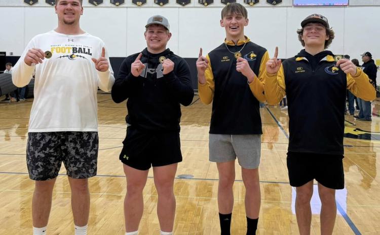 Four SRC wrestlers took first place at their invite on Saturday. From left: Collin Vrbka (285), Eli Fjell (215), Jett Vrbka (165) and Carter Eickmeier (138). PCN photo by Jen Vrbka.
