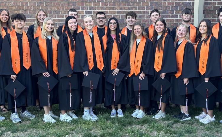 Osceola High School Class of 2026 had their commencement exercises on Saturday at 2 p.m. Front from left-Brayden Santos, Taytum Tonniges, Camryn Peterson, Braelyn Winslow, Makailee Pheak, Ella Lemburg, Addison Theis, Kierra Rutter, Emersyn Prososki, Rihanna Ortiz. Back row- Aden Feezell, Jessalyn Priest, Graci Conkling, Tanner Yungdahl, Brenden Gabel, Braylon Peterson, Alex Anderson, Dameun Lee and Juzten Ebert. Photo provided.