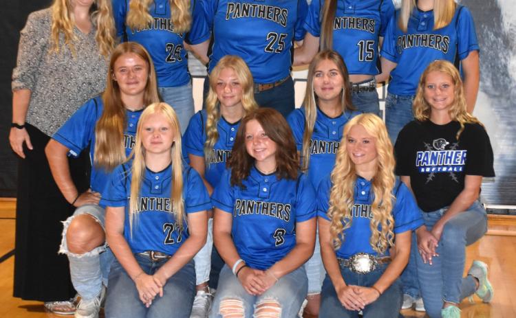 2024 Blue River softball--SRC players (front left to right): Vienna Thelen, Ashlyn Long and Bailey Turpitt; (middle) Olivia Adams, Danica Watts, Jayden Hayes, Alice Griffin (st. mgr.); (back): Asst. Coach Emily Blackburn, Jessica Bauers, Brooklyn Sumner, Nicole Martensen, KateLynn Beckman. PCN photo by Beth Sparrow.