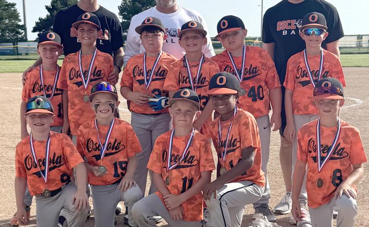 Osceola 8-U Baseball team went 8-0 during the regular season and they placed third in the league tournament. Front Row: Joseph White, Jaxon Kruse, Payton Yungdahl, Jericho Battle &amp; Ben Nutz. Back Row: Davis Gillespie, Tex Augustine, Moxon Fischer, Cruz Tonniges, Greyson Klein &amp; Jake Rahn. Coaches: Matt Gillespie, Jordan Fischer &amp; Brock Tonniges