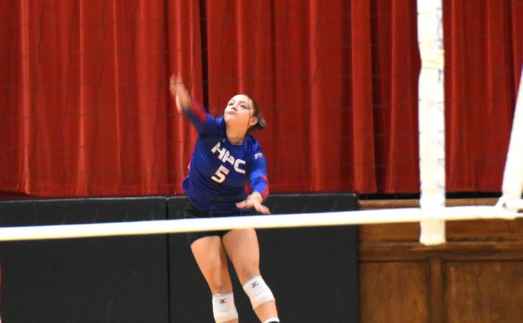 Gahvi Lesiak serves at conference volleyball. PCN photo by Beth Sparrow.