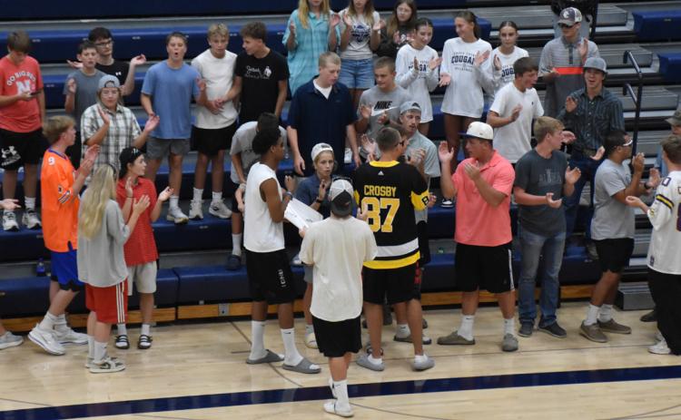 The Cougar student body cheered on the volleyball team Thursday night at their home game against Shelby-Rising City. PCN photo by Beth Sparrow.