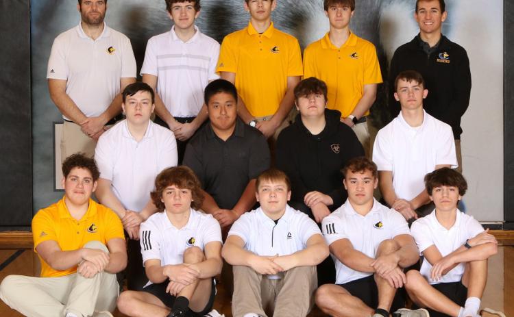 2024 SRC Golf left to right: Front: Hayden Reznicek, Carter Eickmeier, Layne Donner, Ethan Fjell, Noah Thelen; Middle: Urijah Grant, Logan Pospisil, Tanner Micek, Jaxon Carter; Back: Coach Jon Riggs, Leighton Cromwell, Landon Sliva, Leyton Voss, Coach Cole Gaughenbaugh.