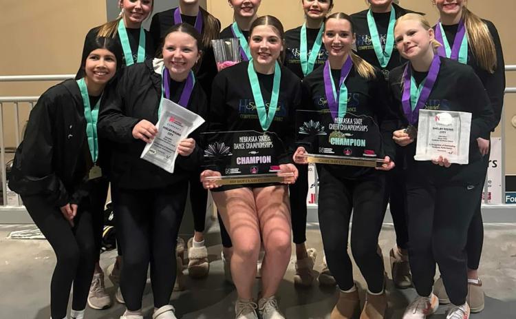 Above: Shelby-Rising City cheer/dance team brought home awards from state competition. Below: Osceola cheer/dance team brought home an award from state competition. Photos provided.