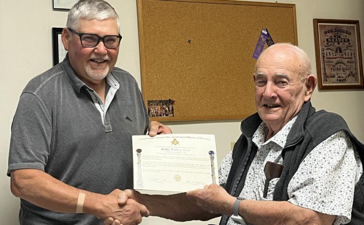 Greg Berggren presents Bob Kreis with his 65 years of membership in Stromsburg Masonic Lodge. Celebrating 60 years of membership is Tom Foster and celebrating 50 years is Kurth DeLand. Photo provided.