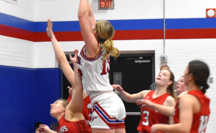 Courtney Carlstrom puts the ball up for a basket against Meridian. PCN photo by Cienna Friesen.
