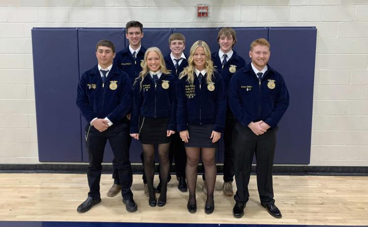 Cross County senior FFA members hung up their coats at the FFA banquet last week. Pictured are Tobey Waller, Katie Frazier, Jayden Fellows, Trevor Bolton, (back) Matthew Reikofski, Leighton Nuttelman and Hayden Allen. Photo provided.