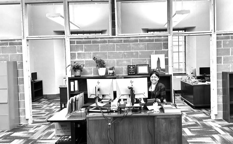 District 24 office is under construction with exposed framing, cinderblock walls and carpet squares. Photo provided by Jana Hughes office.