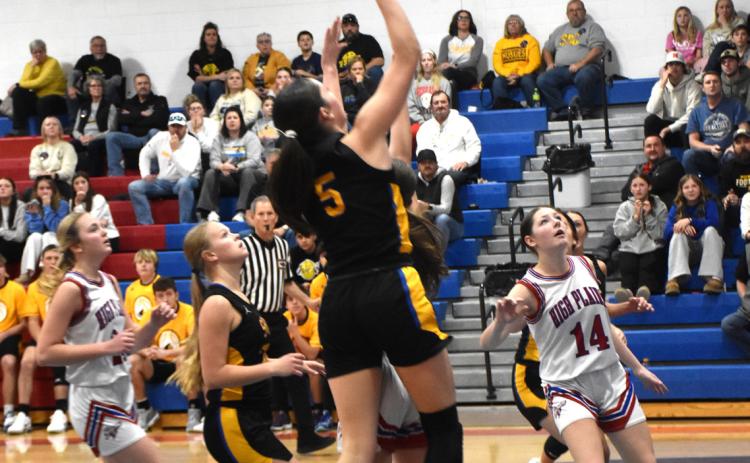 Junior Kaleigh Ruth (5) drives to the basket. Ruth scored eight of her 13 points in OT and she hauled in 14 rebounds in the Huskies win on Saturday. PCN photo by Beth Sparrow.
