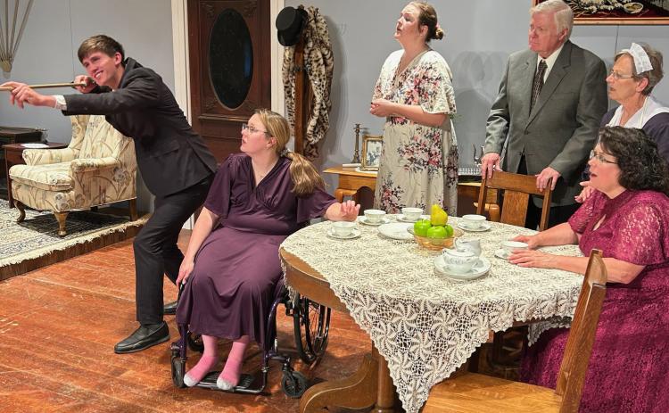 The central family in the play consists of Hayden Lavaley, Erika Burritt, Payton DeMers, Dave Rinehart, Debbie Girard, and Roxanne Page. Photo provided by Jenni Erhart.