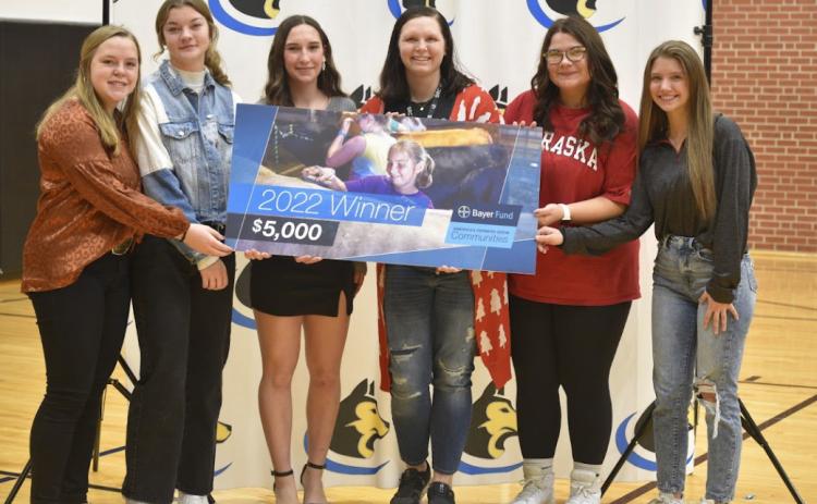 Members of the Shelby-Rising City FFA accept the $5,000 donation from the Bayer Fund. More than $65 million has been donated to schools since 2010. SRC Schools photo