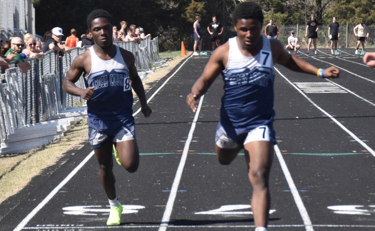 Tymari Francis just beats his brother, Tyion Francis to the line in the 100 at the HPC Invite. PCN photo by Beth Sparrow.