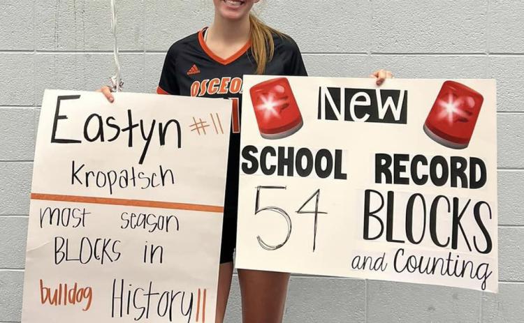Eastyn Kropatsch set a new Osceola school record for blocks in a season. She is currently at 54...and counting. Photo provided.