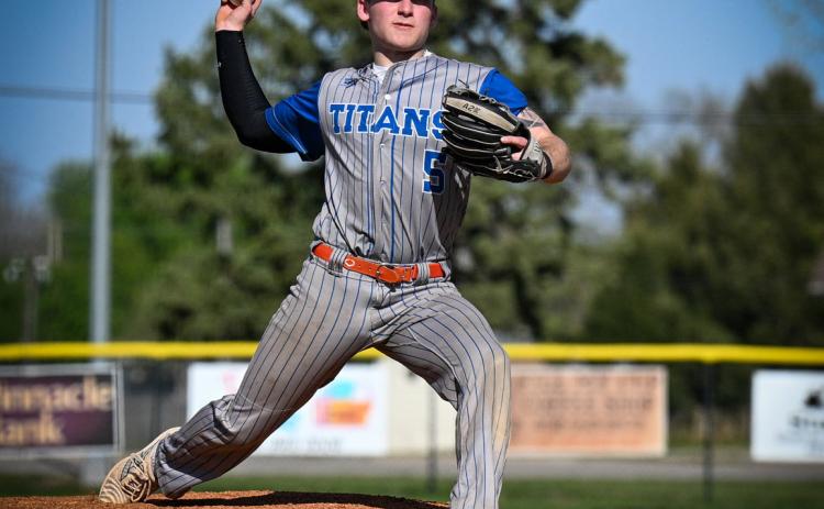 Twin River Titans Aden Feezell allowed 12 runs against Wayne last Tuesday, but only four of the runs were earned as the Titans defense committed four errors. He allowed six hits and struckout three batters. Nance County Journal photo by Jen Johnson.