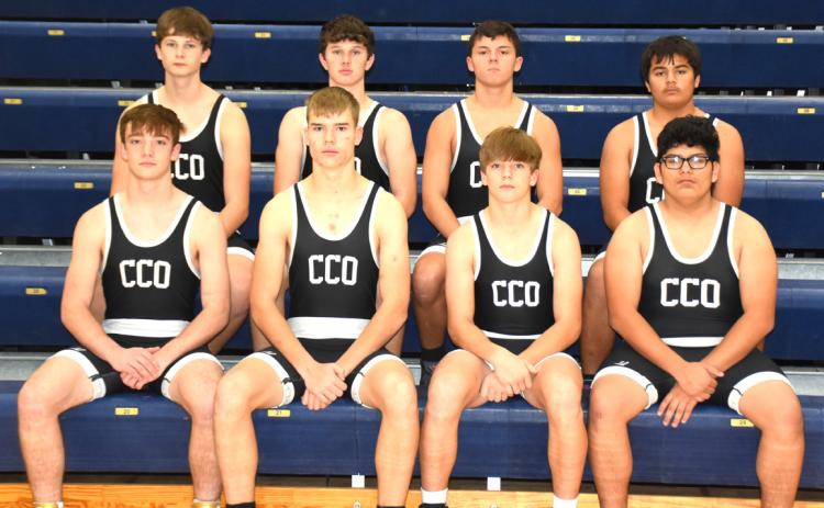 Wrestling for CCO this season are (front) Tony Dewitt, Liam White, Devin Nuttelman, Joaquin Alvarez Rodriguez, and (back) Paxton Burke, Jed Berggren, Zaeden Hughes and Calob Troy. Not pictured is Kalan Lane. PCN photo by Beth Sparrow.