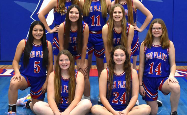 2023-24 High Plains Girls Basketball: Front row: Allie Howell and Rylee Ackerson; Middle row: Gahvi Lesiak, Jacey Dubas, Kinley Spurling, K’cin Confer; Back row: Rylee Hofmann, HallieJo Urkoski, Peyton Hofmann; Not Pictured: Courtney Carlstrom. PCN photo by Beth Sparrow.
