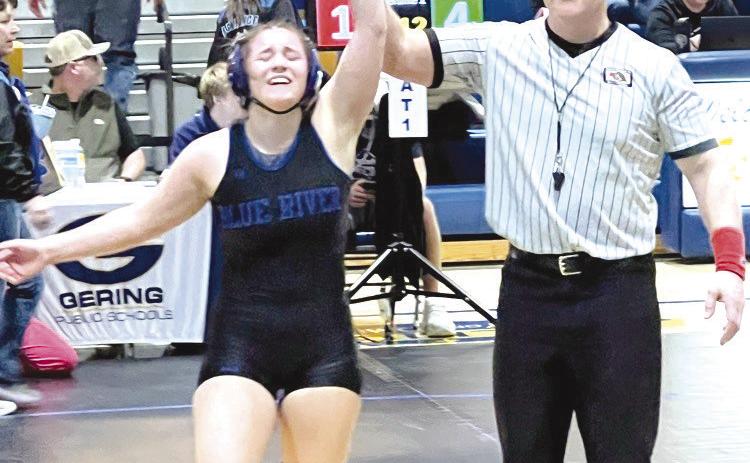 At 145 pounds, SRC’s Nevaeh Martinez gets the 4-1 win over Omaha North’s Karmen Del Rio in sudden victory. Photo was provided.