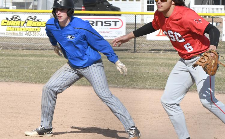 Caleb Peterson gets a lead off first in Thursday's game against South Sioux City. PCN photo by Rick Holtz