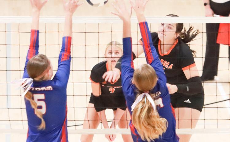 Osceola senior Bella Recker powers the attack into the High Plains block during Monday night’s CRC semifinals at the York City Auditorium. PCN photo by Ken Kush.